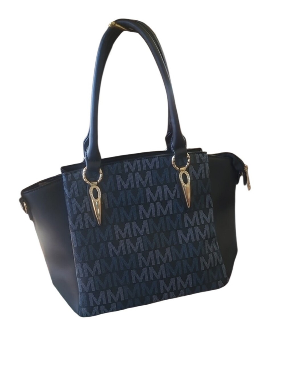MFK Monogram Pattern Navy Blue Crossbody Tote Bag